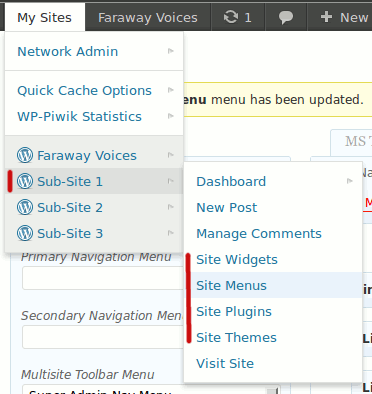 Multisite Toolbar Additions: New Sub Site/ Blog items located in the parent item for each site. (Click here for larger version of screenshot).