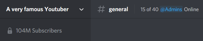 A counter placed in a voice channel name showing the amount of subscribers in a youtube channel, and a counter placed in a text channel topic showing the amount of online Admins