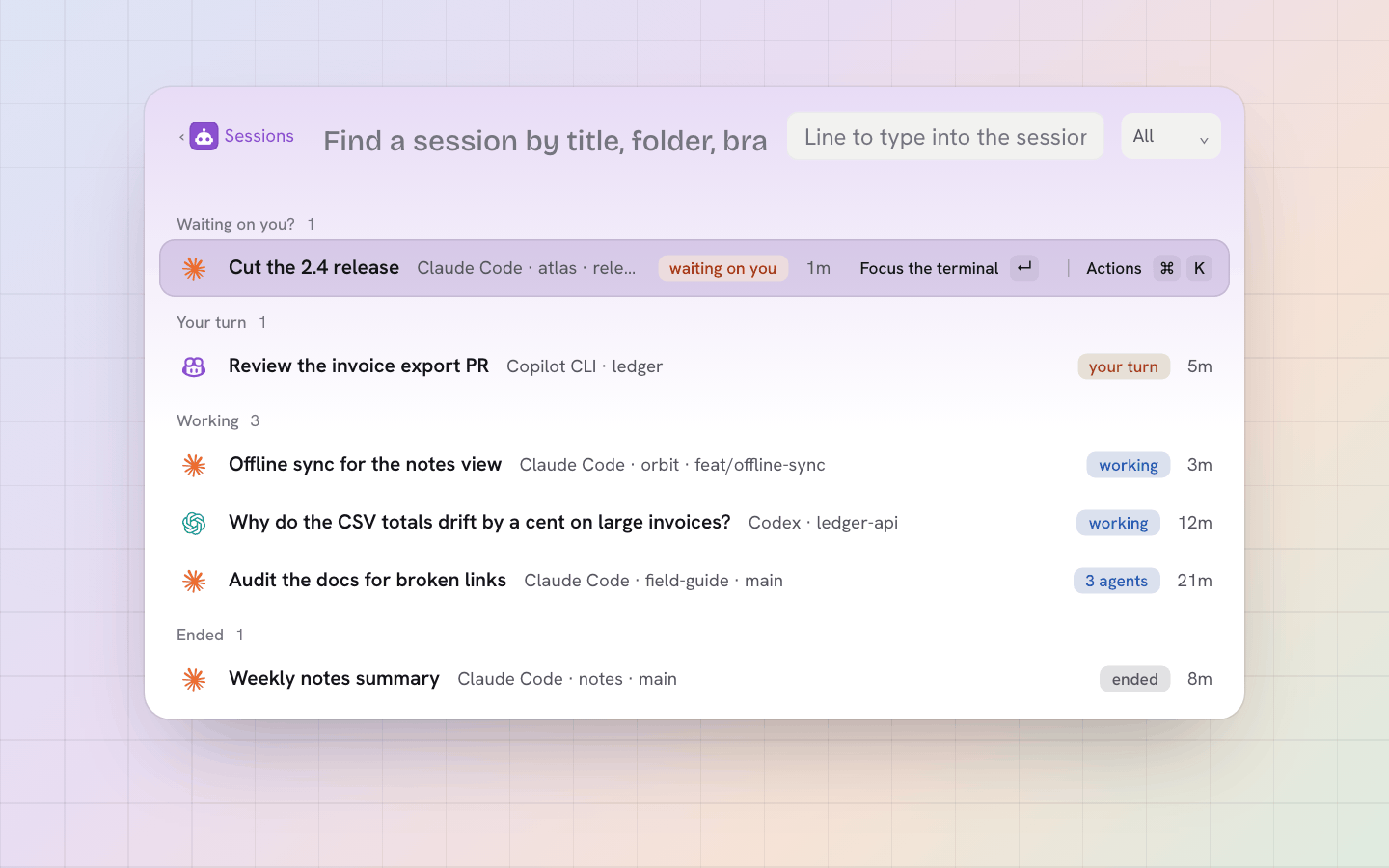 Sessions: Claude Code, Codex and Copilot CLI sessions with
        their state