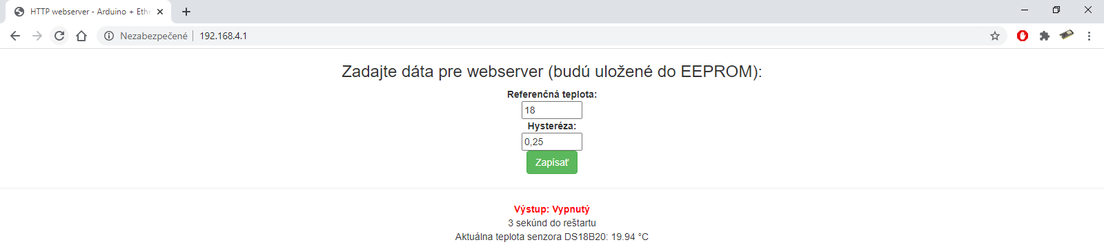 Ethernet termostat vypnutý - webserver - Arduino