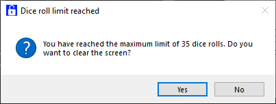 Dice roll limit reached pop up message box