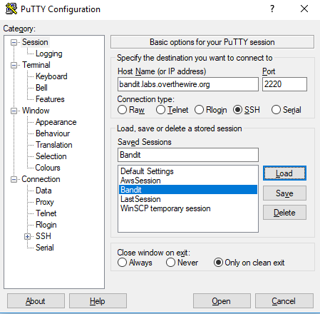 PuTTY Client with Bandit Settings