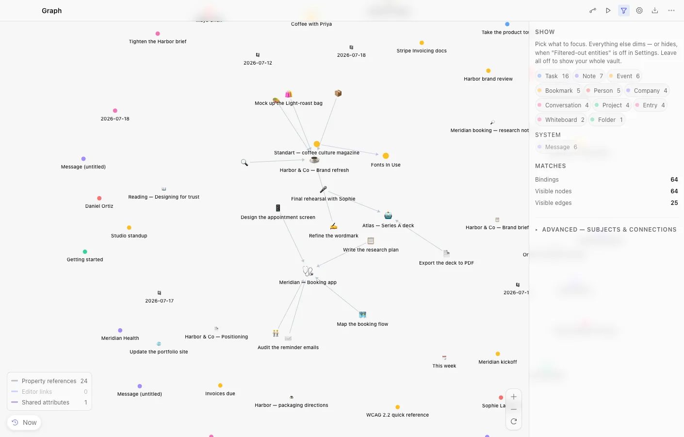 Graph — every object and typed link on a live WebGL canvas