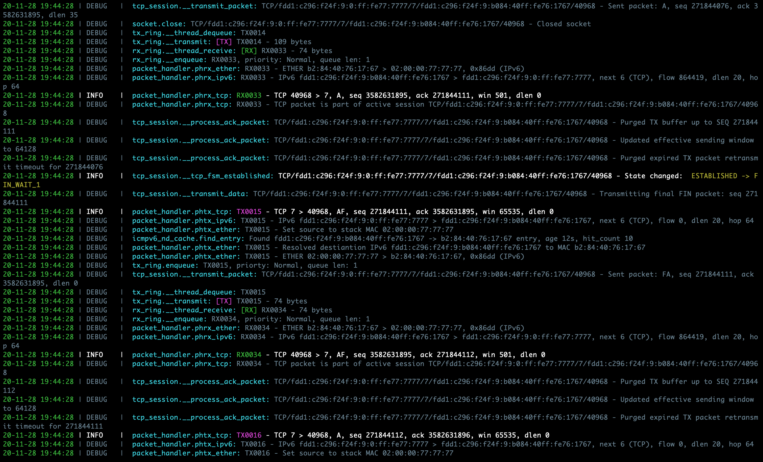 Sample PyTCP log output