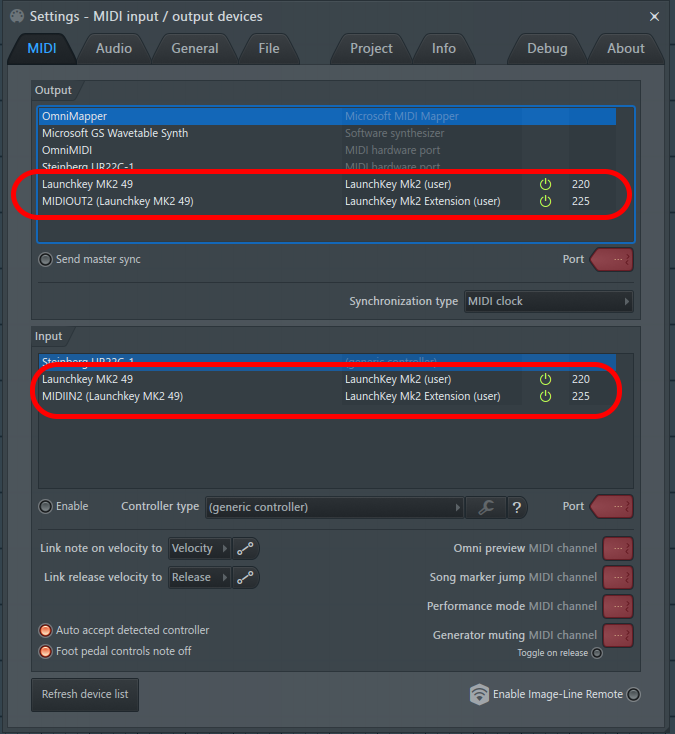 A Screenshot of FL Studio's MIDI Out Settings, showing which devices should be mapped to which scripts.