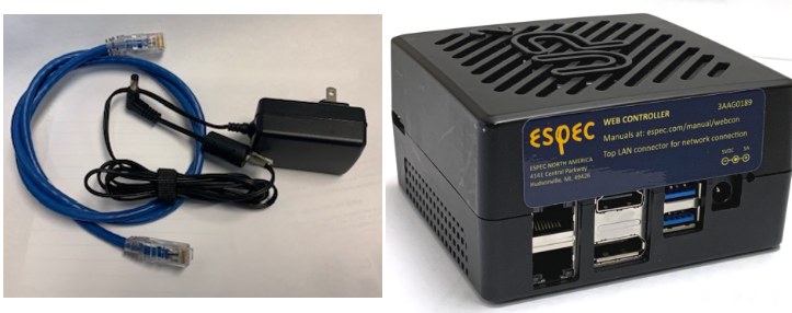 EWC kit with embedded computer in black box, DC power cord and Ethernet cable