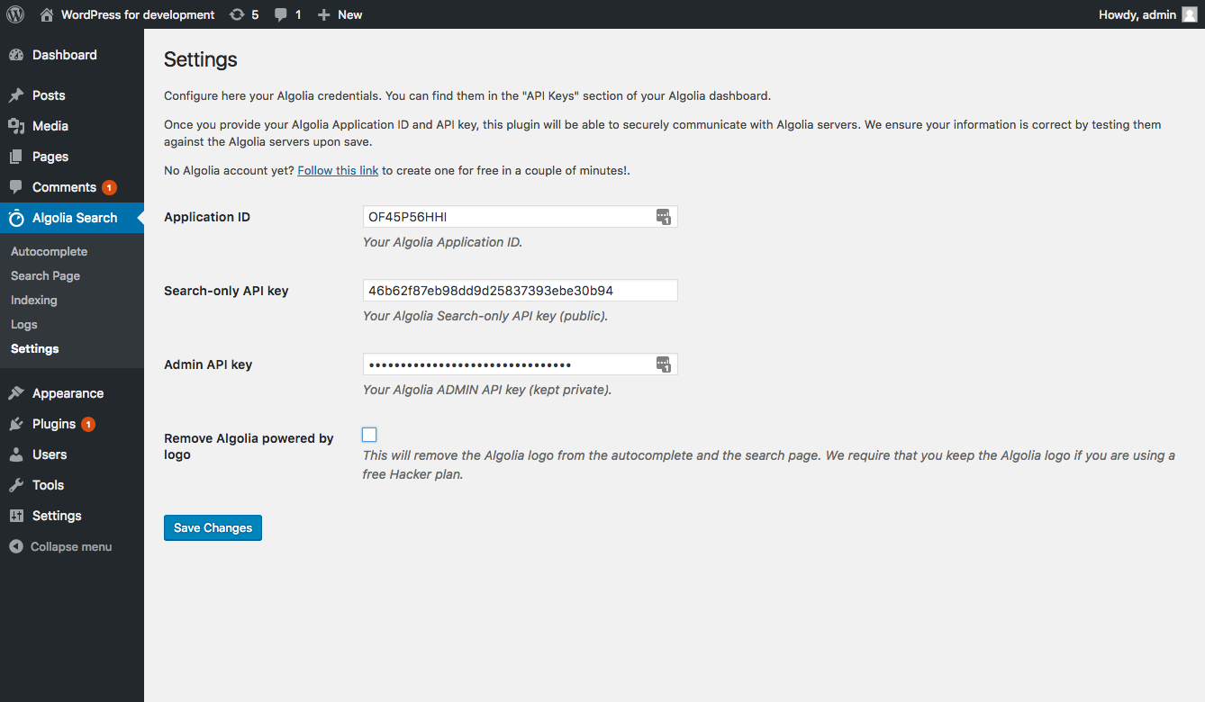 Algolia Settings.