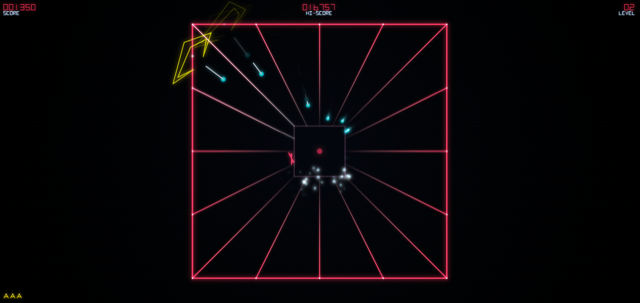 Tempest gameplay — the Claw riding a square tube as Flippers climb the lanes