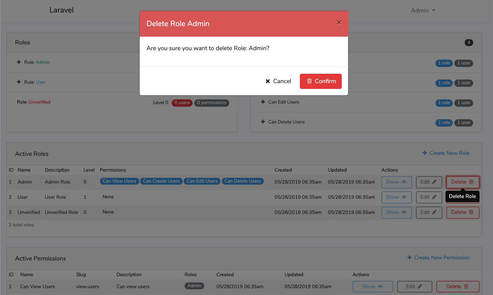 Laravel Roles GUI Delete Role