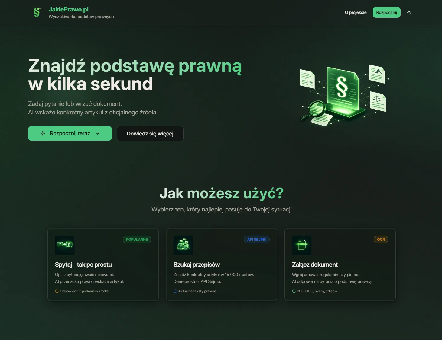 JakiePrawo.pl — landing page: ask in plain language, search statutes, or attach a document
