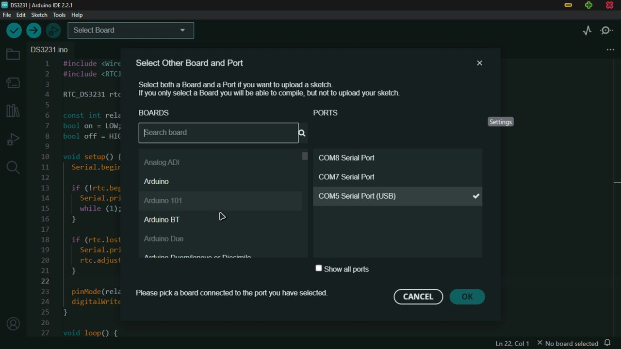 Select Board and Com Ports