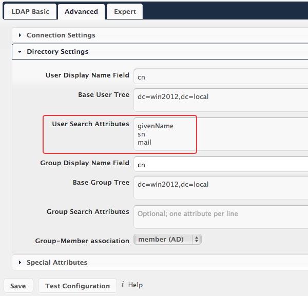 search attributes configuration