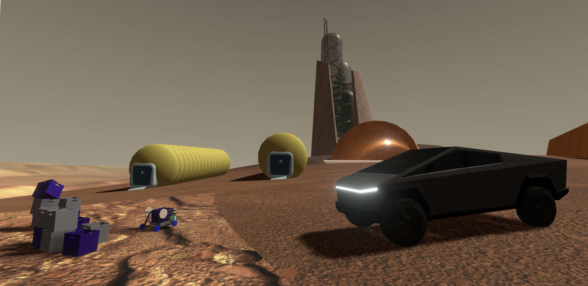 VirtualColony screen shot: Mars surface, Cybertruck, habitats