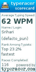 TypeRacer.com scorecard for user defacto_pun