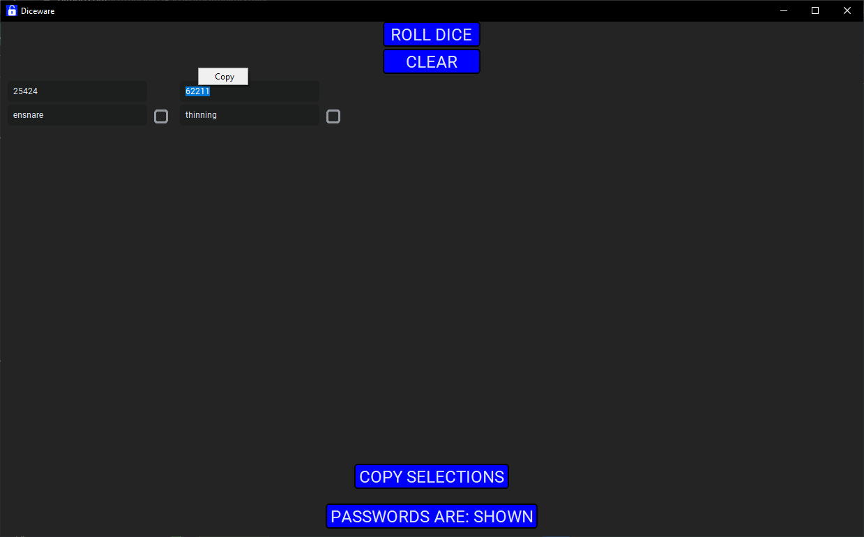 Diceware window with 2 generated shown passwords, and the text of the second number selected and about to be copied