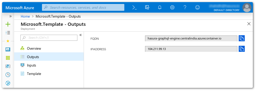 Azure Portal deployment output screenshot