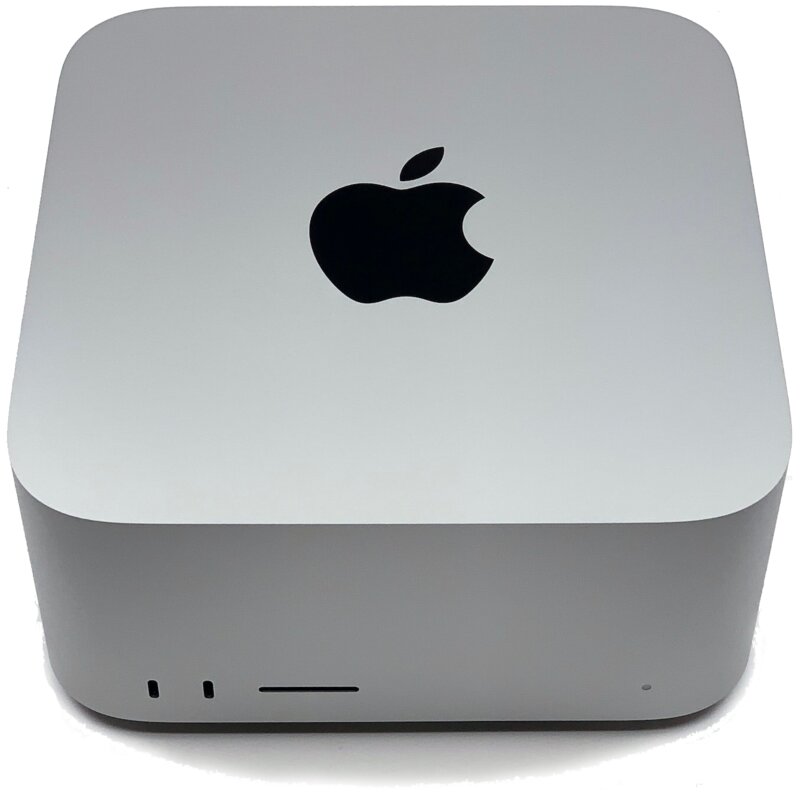 [photo of a silvery Mac Studio computer cube]