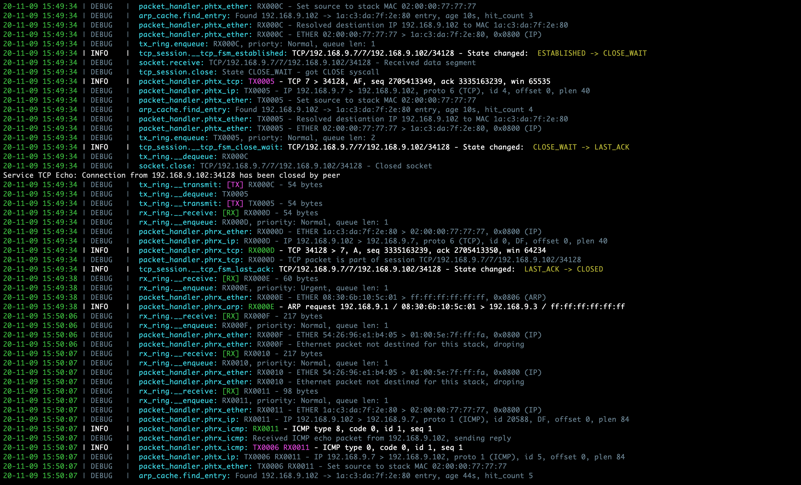 Sample PyTCP log output