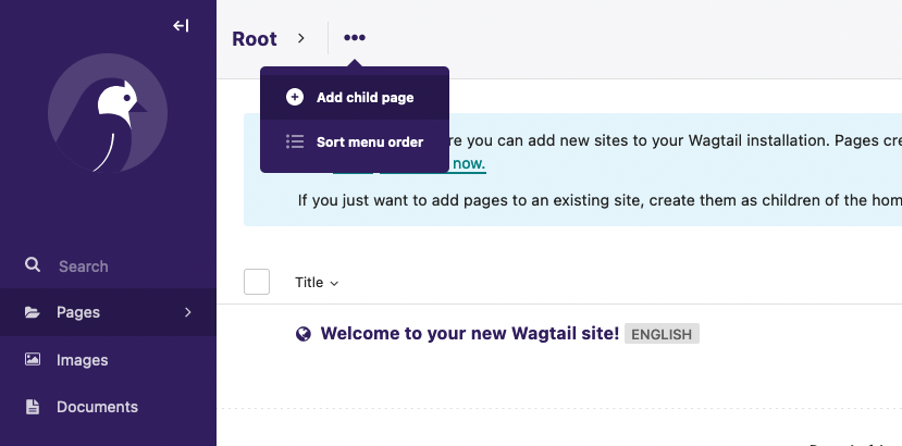 Screenshot of the root page menu in Wagtail