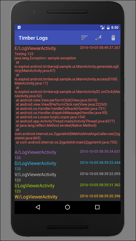 Screenshot of in-app log viewer