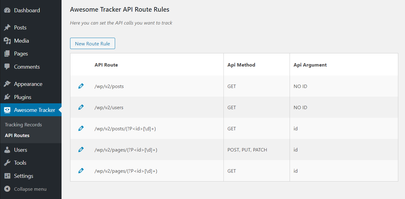 API Routes Rules configuration screen