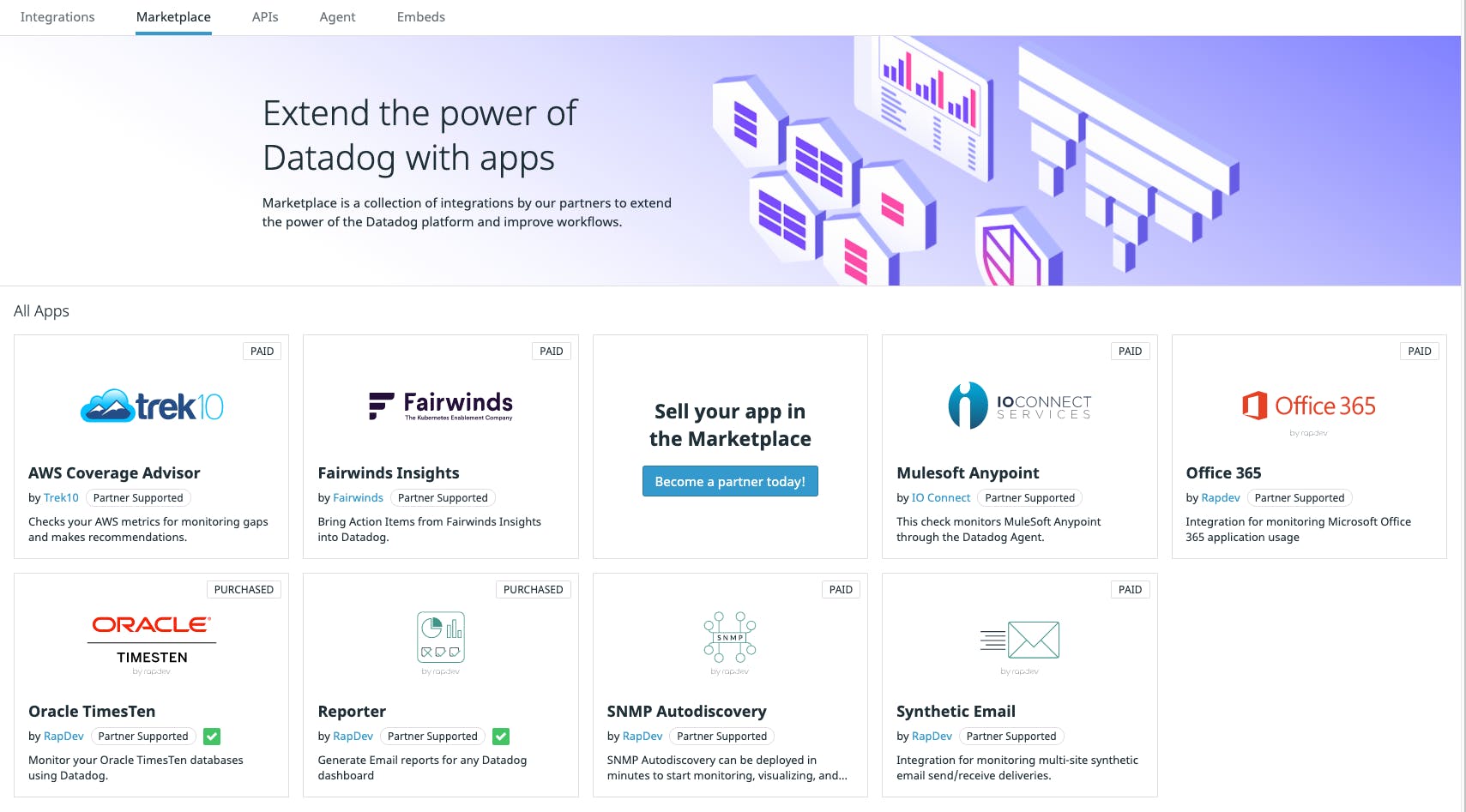 An screenshot of the Marketplace from the Datadog application with a list of integration tiles