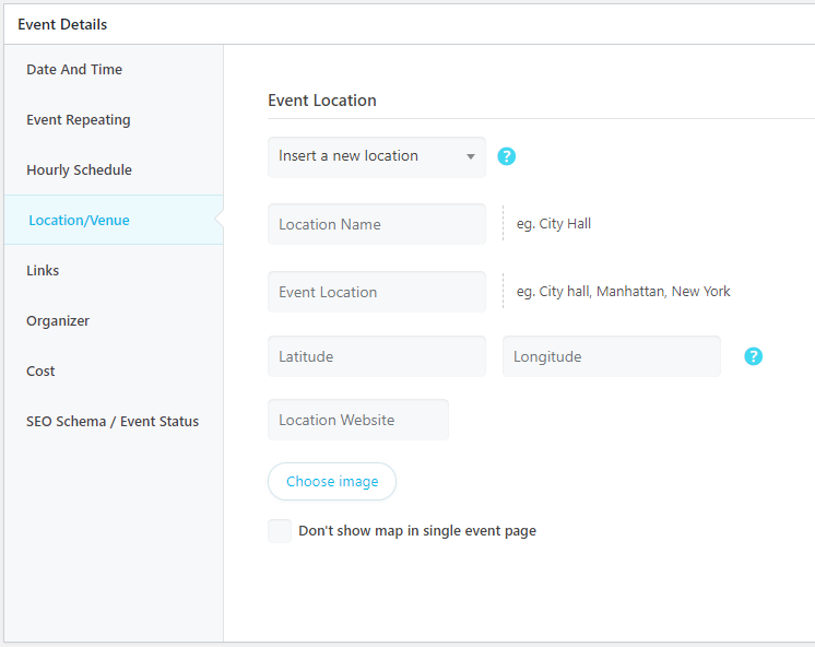 WordPress Event Calendar - Shortcode edit page