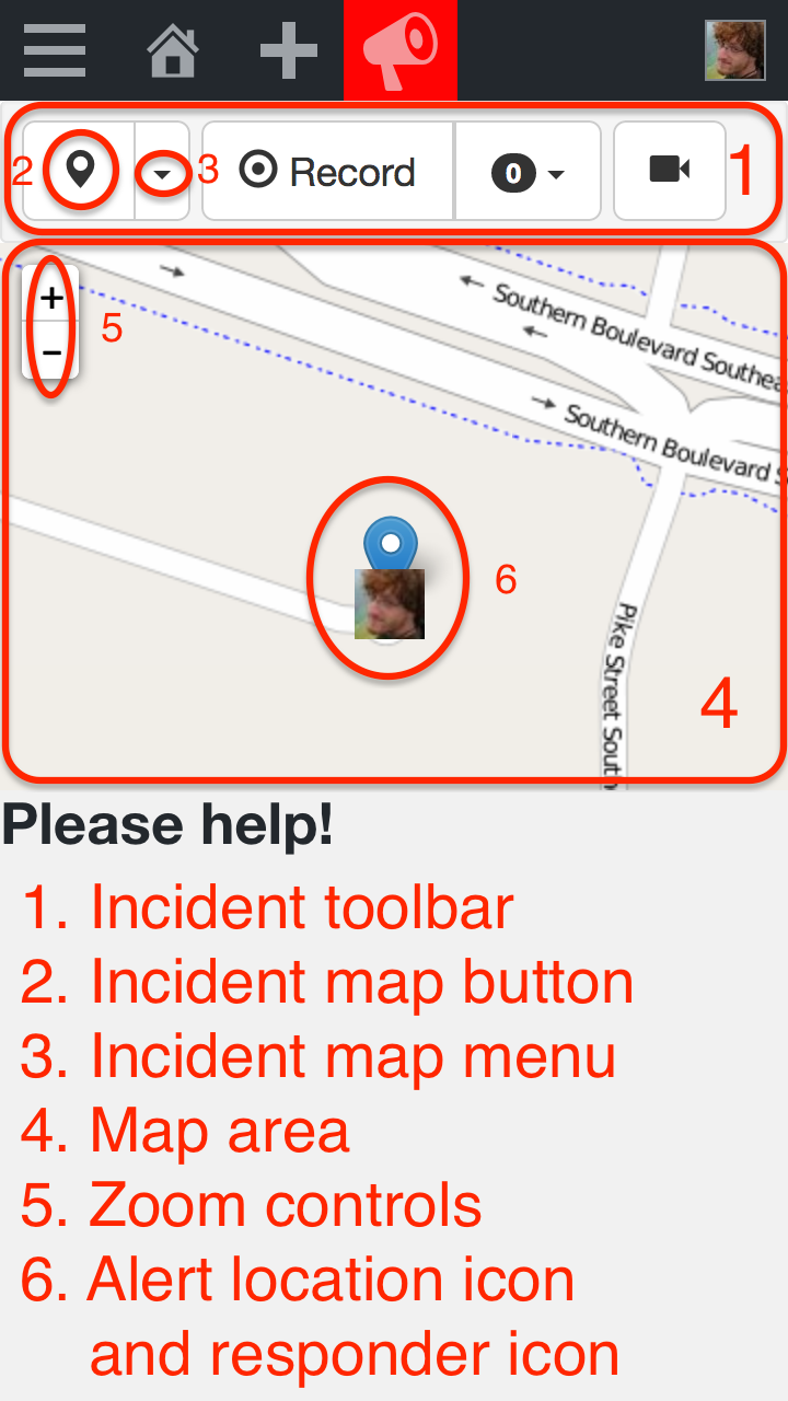 Annotated screenshot of the incident map interface.