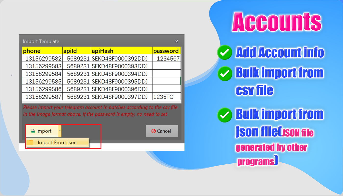 Bulk import telegram account from json file