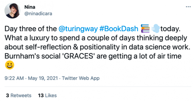 Nina di Cara Tweeted on 19 May 2021 saying “Day three of The Turing Way Book Dash today. What a luxury to spend a couple of days thinking deeply about self-reflection & positionality in data science work. Burnham's social 'GRACES' are getting a lot of air time”