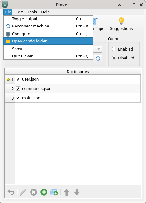 Plover window open showing the File > Open config folder menu option highlighted.