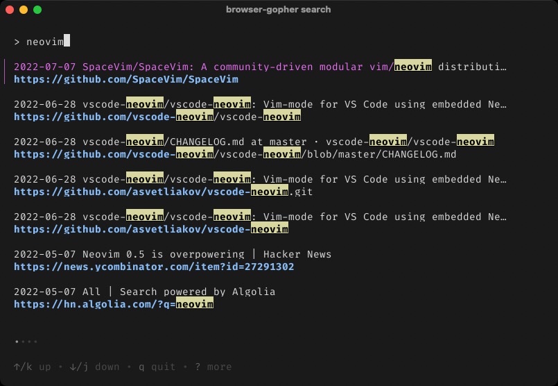 Screenshot showing browser-gopher searching for neovim