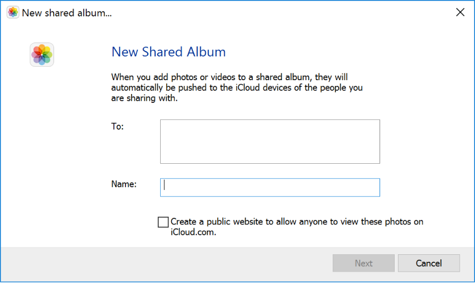 The New Shared Album window on a Windows computer. All the fields are blank.