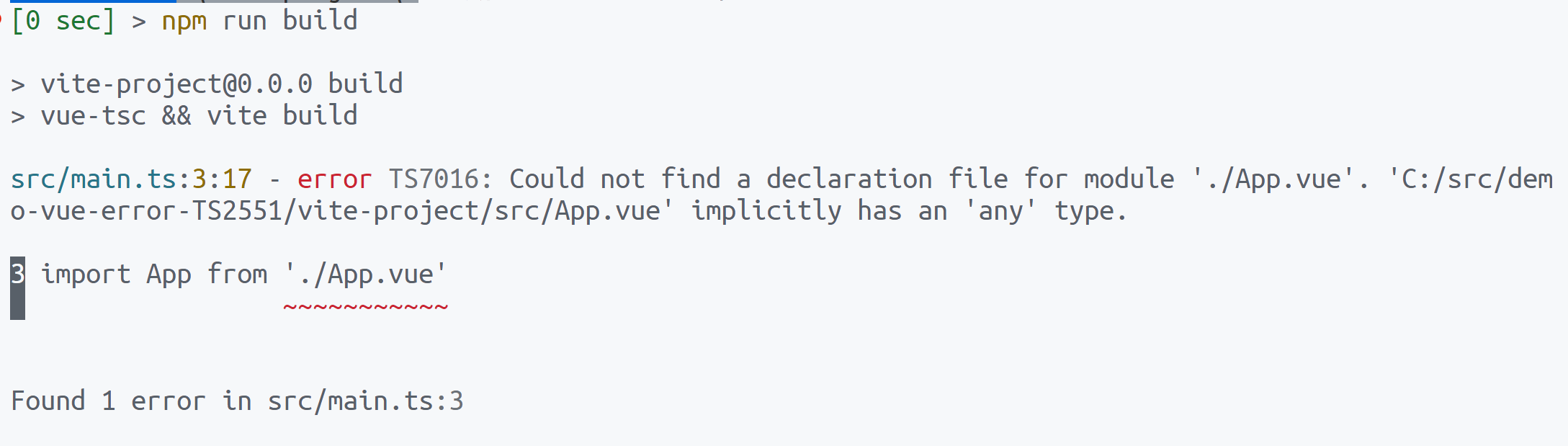 error TS7016: Could not find a declaration file for module './App.vue'. 'C:/src/demo-vue-error-TS2551/vite-project/src/App.vue' implicitly has an 'any' type.