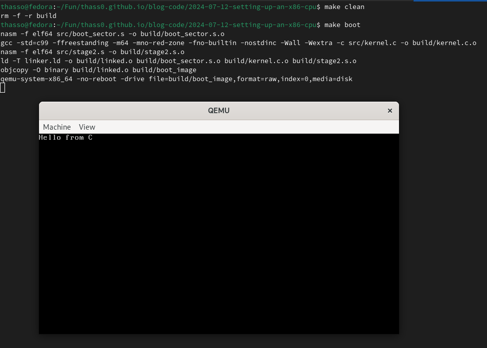 QEMU screenshot of the message printed by C code