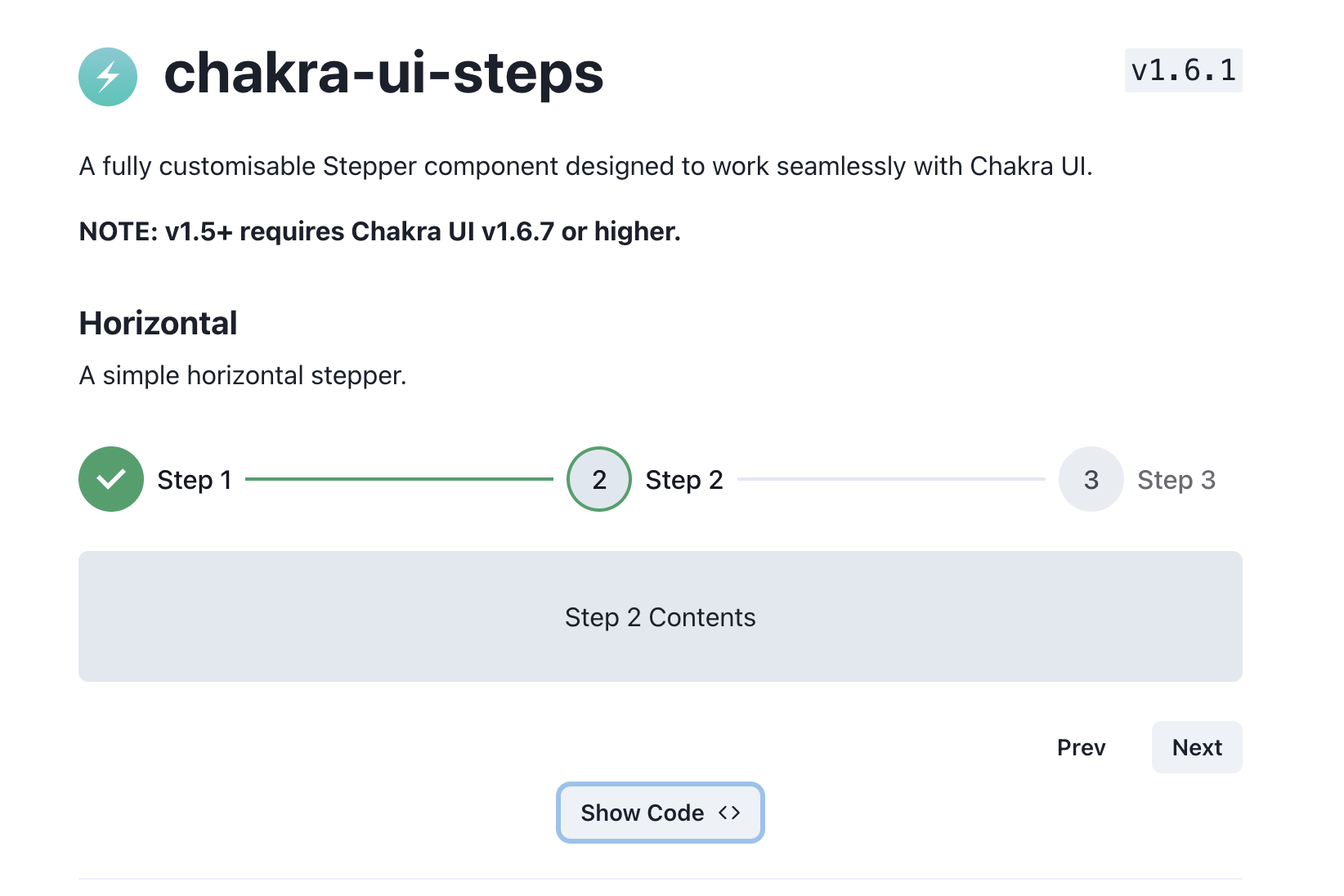 screenshot of first stepper on chakra-ui-steps site