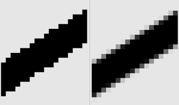 Black on white line showing the difference between alias, and anti-alias