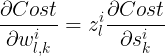 $${{\partial Cost} \over {\partial w_{l,k}^i}} = z_l^i{{\partial Cost} \over {\partial s_k^i}}$$