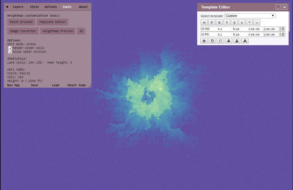 Heightmap showing two hills and pit at the same place