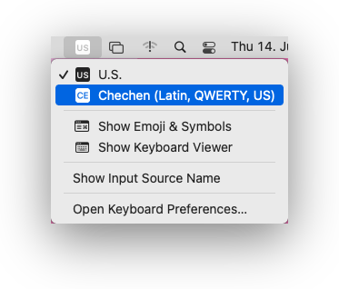 Select Chechen Layout from Menu Bar