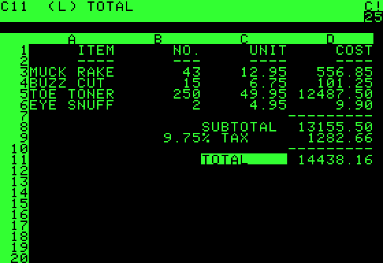 VisiCalc Spreadsheet User Interface