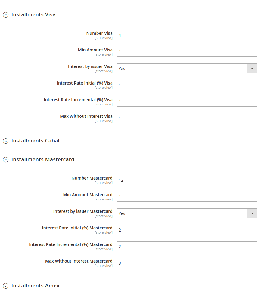 Installment settings per brand