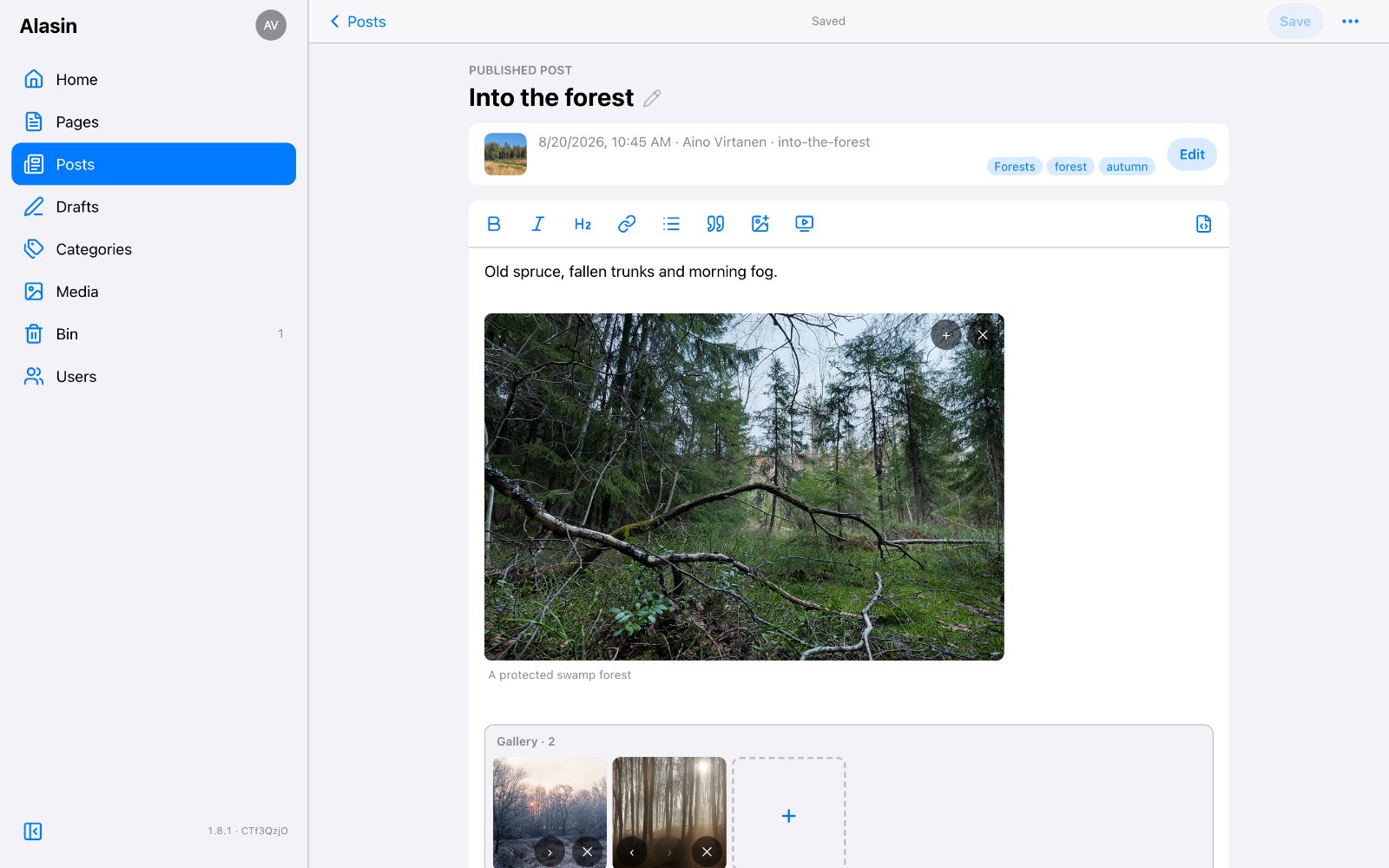 The editor: text formatted as you type, a photo and a gallery