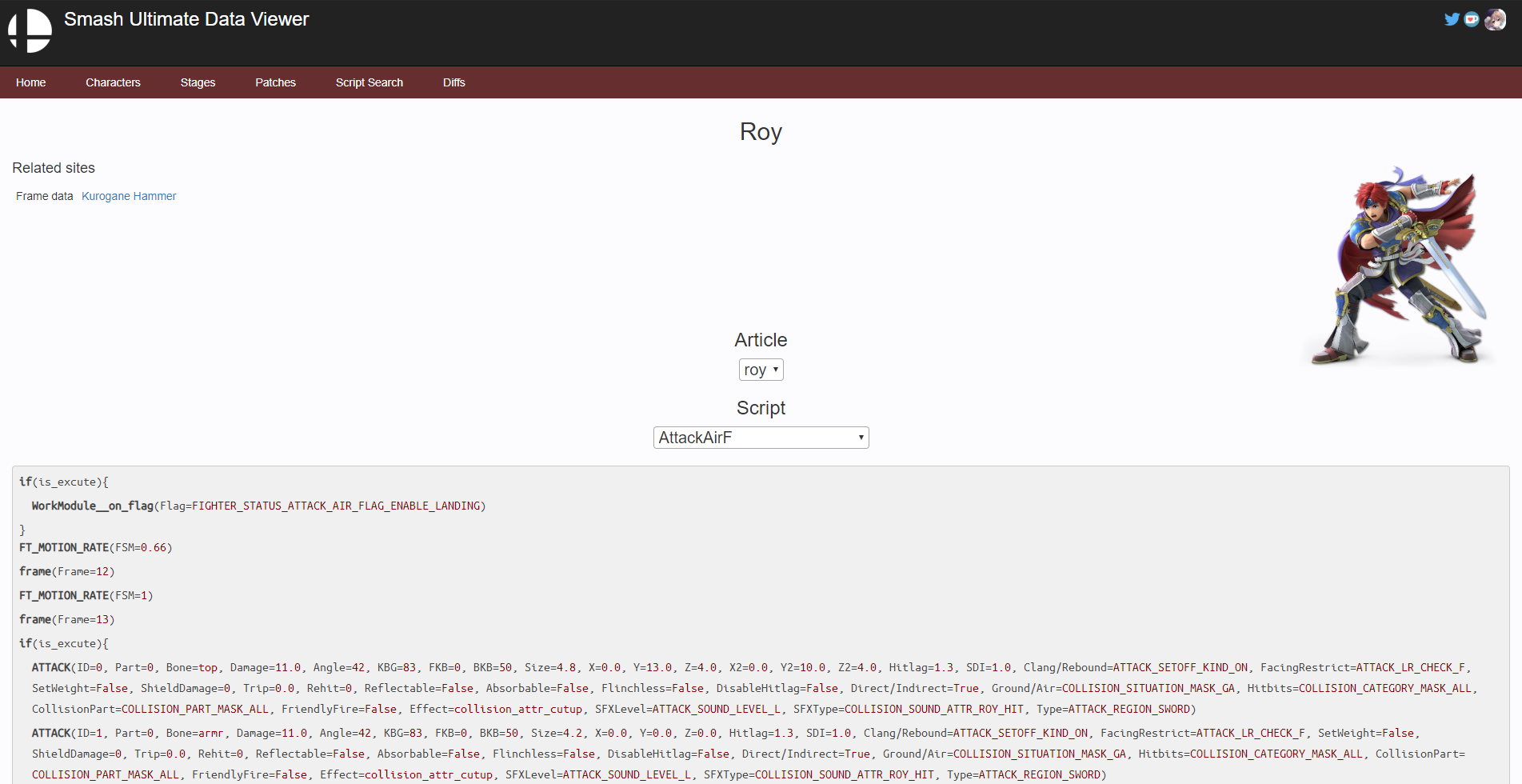 Roy's forward aerial in the Smash Ultimate Data Viewer