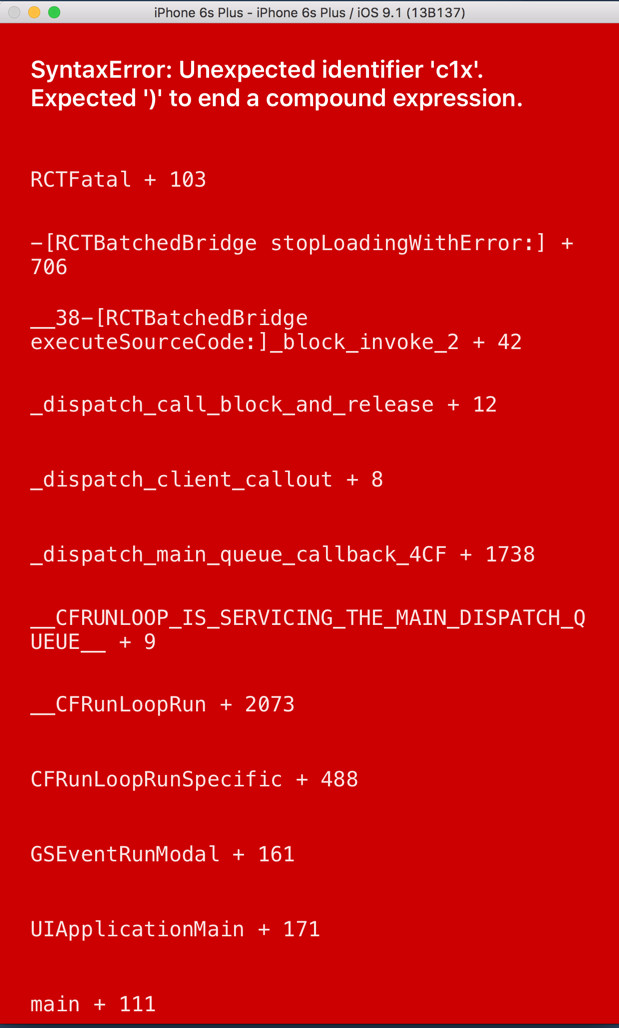 iOS simulator SyntaxError screenshot