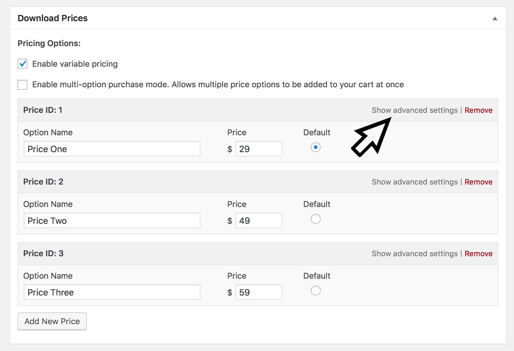 Variable Price Downloads - Show Advanced Settings