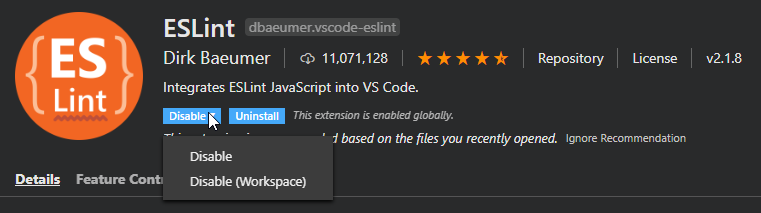 disable extension for workspace