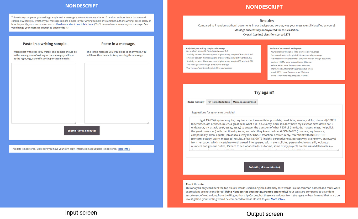 Screenshot of input and output screens