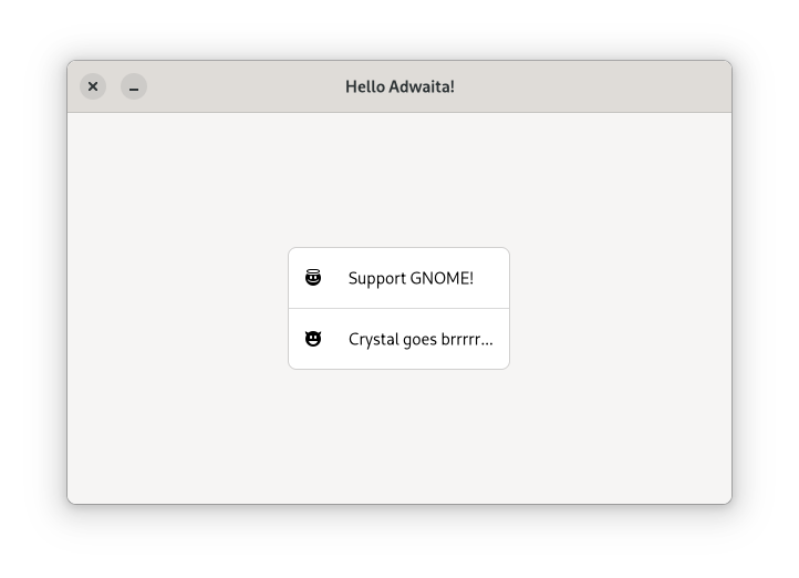 screenshot of the an example libadwaita.cr app