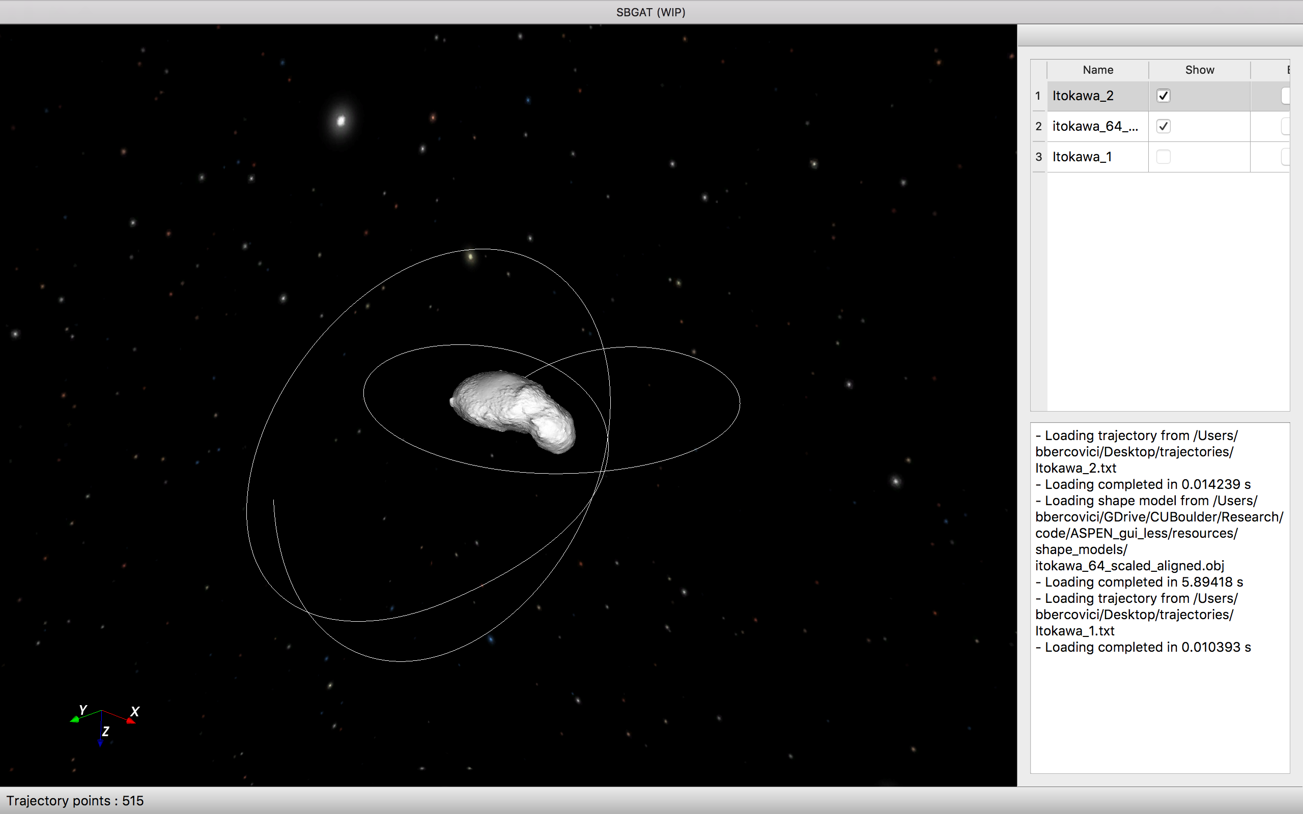 Visualization of a trajectory in Itokawa's body-fixed frame